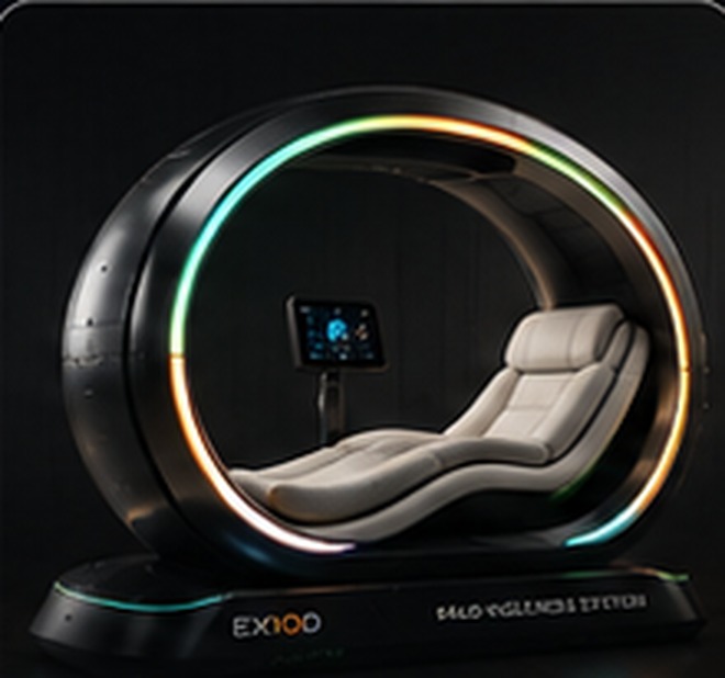 Halo Wellness System pod with illuminated ring and recliner