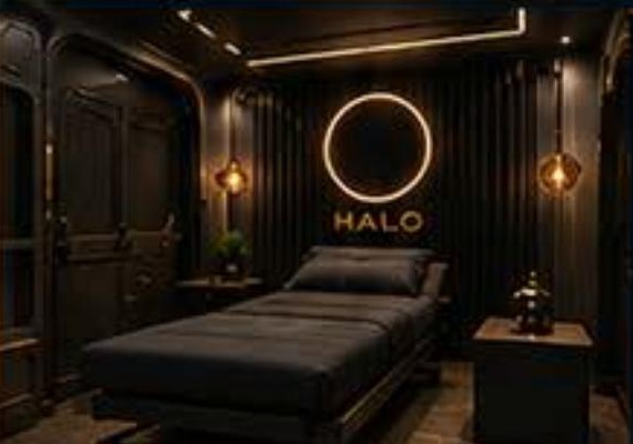 Interior of the Halo mobile wellness unit with treatment bed