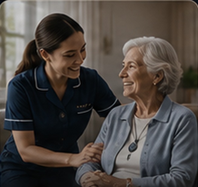 Care professional supporting an older woman wearing a Halo pendant