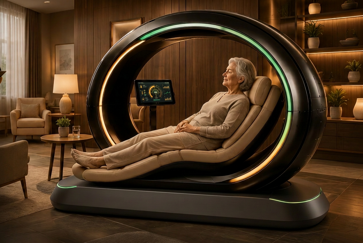 Care environment with a Halo wellness pod and attending caregiver