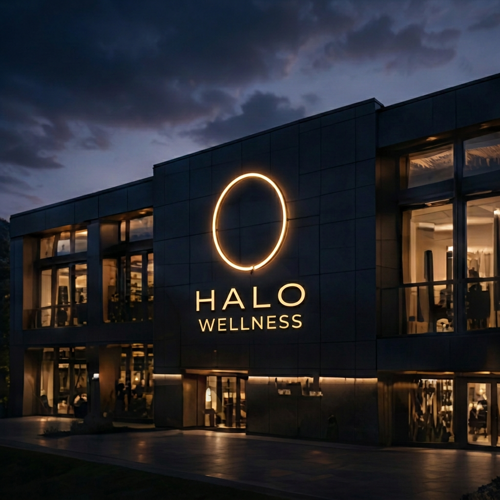 Halo Wellness Center building illuminated at dusk