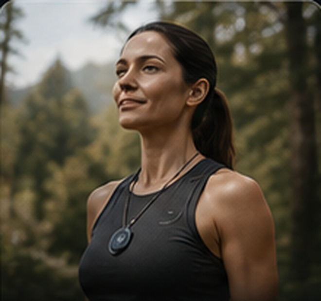 Woman outdoors wearing a Halo personal pendant