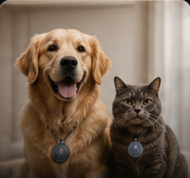 Dog and cat wearing Halo pet pendants
