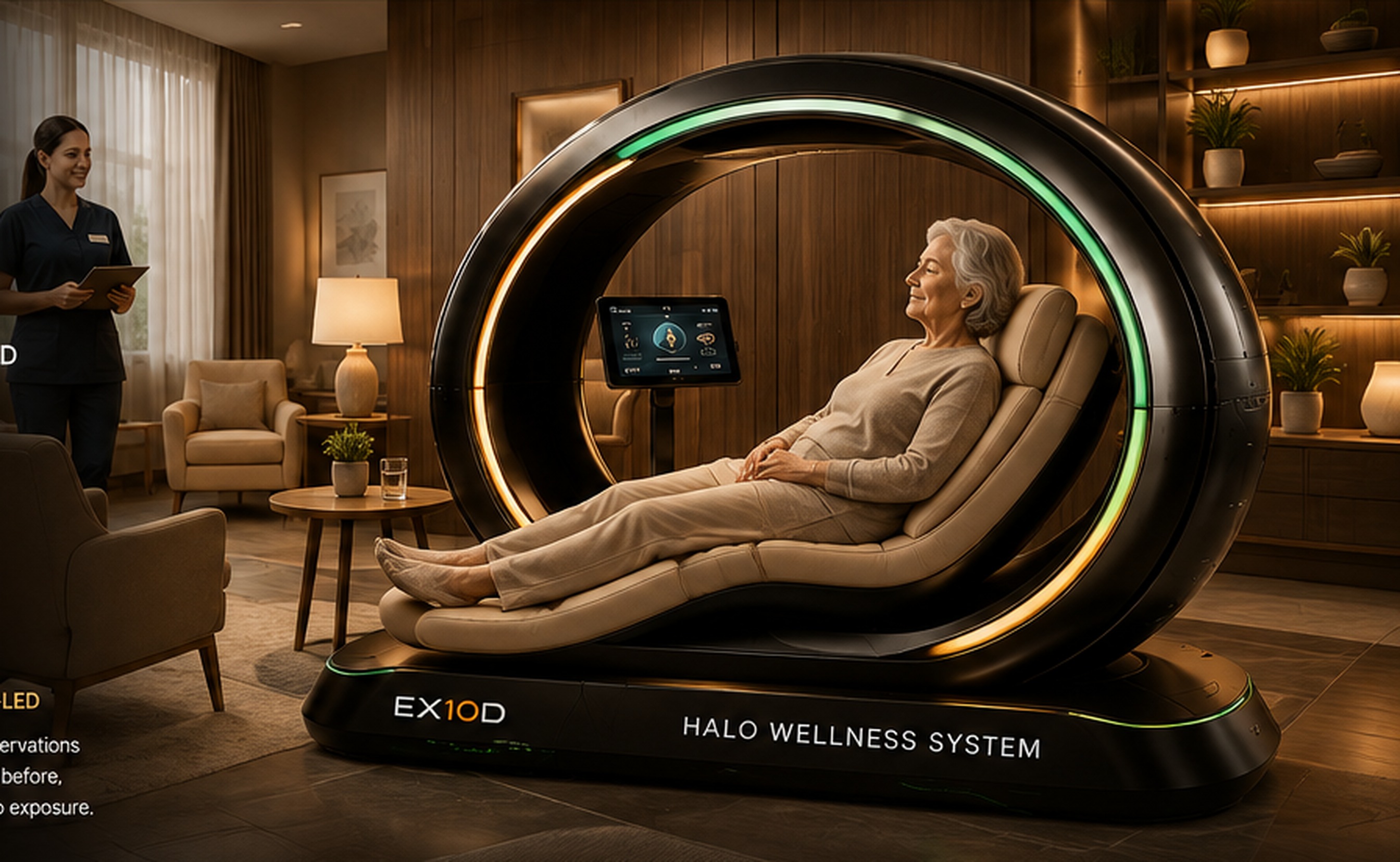 Older woman resting in a Halo wellness pod within a care environment