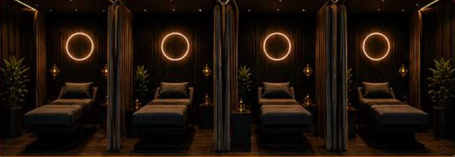 Team wellness room divided into individual treatment spaces by acoustic partitions